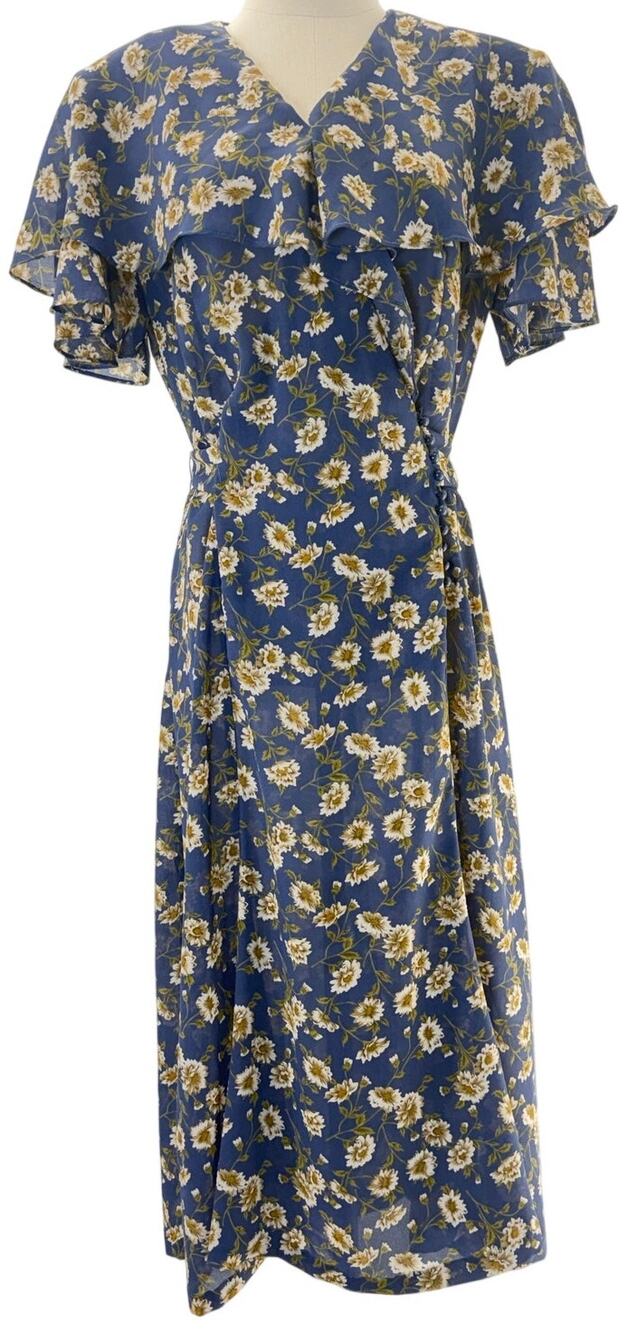 Vintage 80s Kristy Michaels Blue Floral Midi Dress Tie Waist A-Line Women's 12